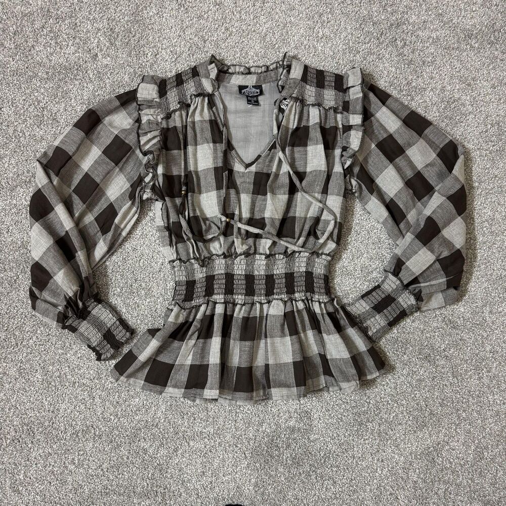Angie Blouse Womens Small Black Plaid Peplum Smocked Waist V-Neck Peasant Boho